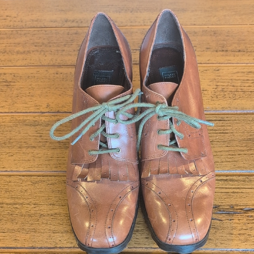 Hilary Radley Tan Leather Wingtip Oxfords with Green Laces